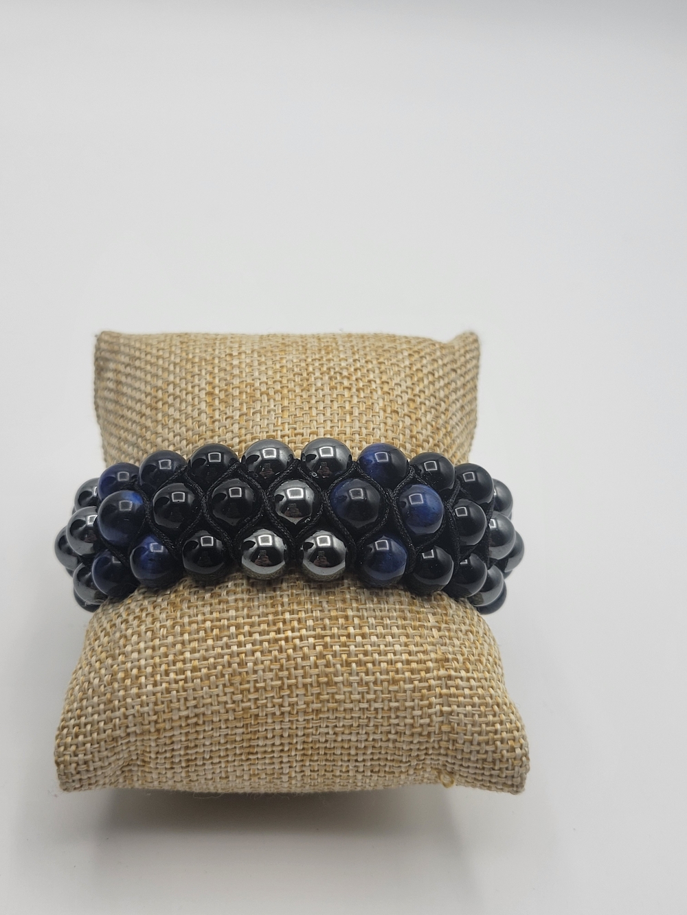 Triple Strand Mens Blue Tigers Eye and hematite Adjustable Corded Bracelet